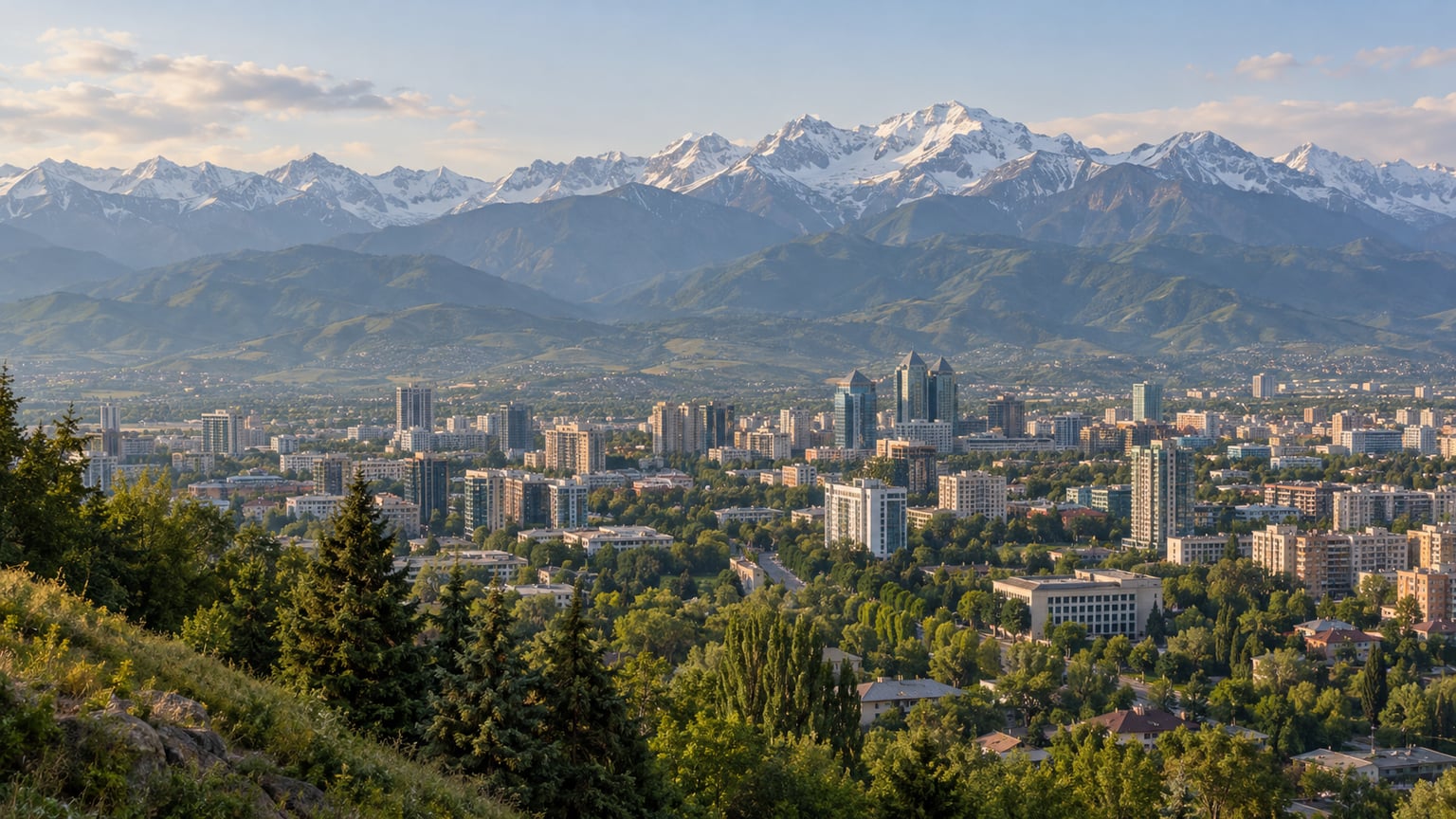 Illustrative Almaty cityscape with a mountain backdrop