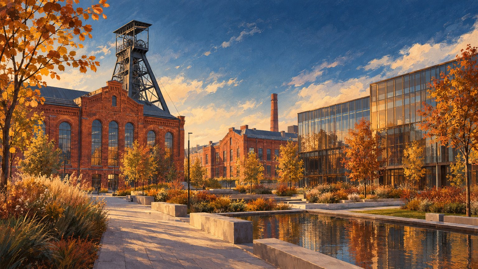 Illustration inspired by Katowice red-brick architecture and contemporary public spaces